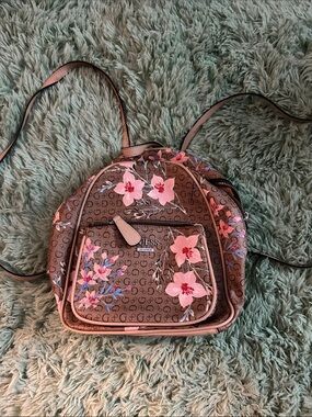 Guess Brown Mini Backpack with Pink Floral Embroidery